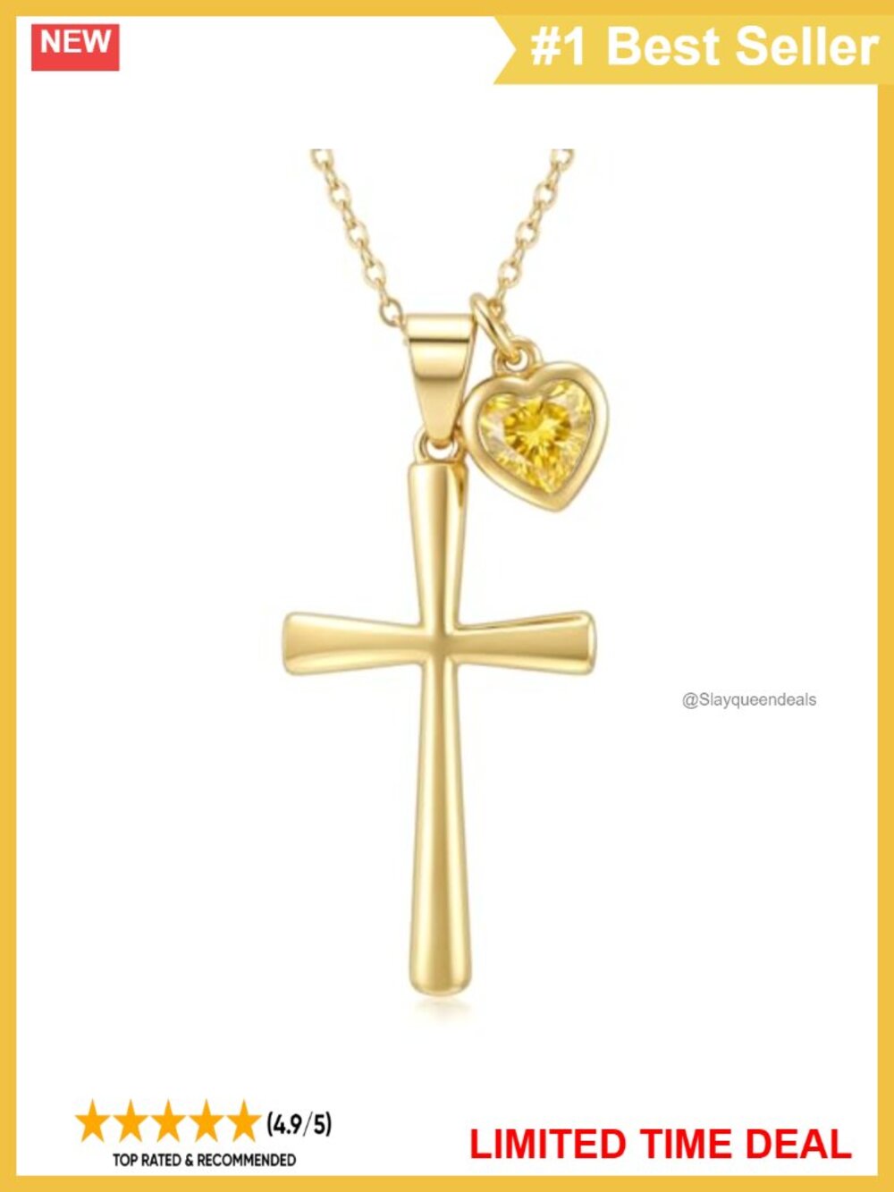 14K Gold Birthstone Cross Necklace Heart Pendant November Citrine